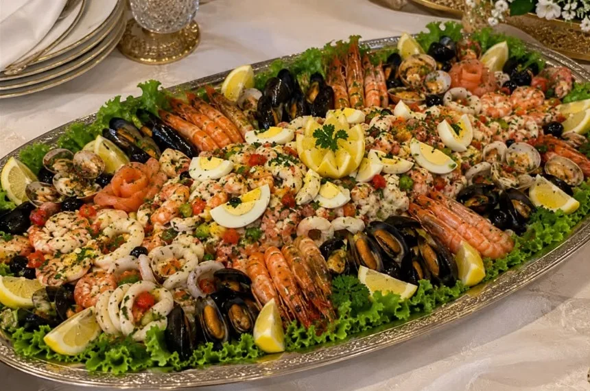 Plateau royal de fruits de mer : crevettes, moules, calamars et saumon – Jomana Baldi